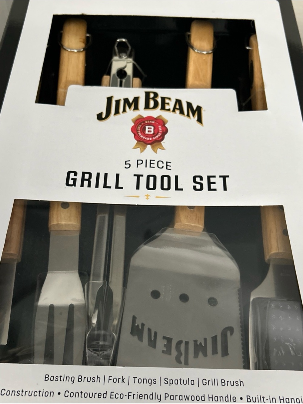 Jim Beam 5-Piece Grill Tool Set - Natural Wood Handle, Black CB Tools
